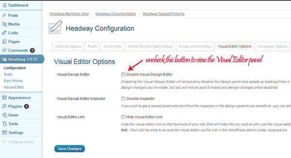 headway theme disable visual editor